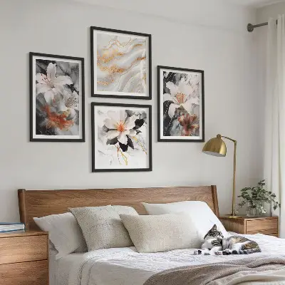Wandbild Blumen im Marmor-Design mehrteilig mit Rahmen in Schwarz und Weiß