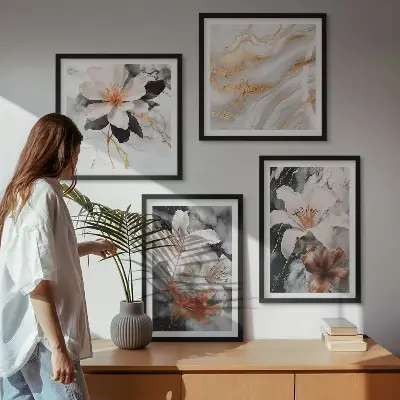 Wandbild Blumen im Marmor-Design mehrteilig mit Rahmen in Schwarz und Weiß