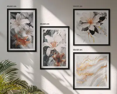 Wandbild Blumen im Marmor-Design mehrteilig mit Rahmen in Schwarz und Weiß
