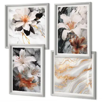 Wandbild Blumen im Marmor-Design mehrteilig mit Rahmen in Schwarz und Weiß