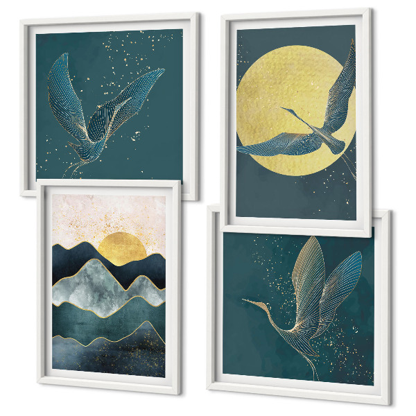 Wanddeko-set Vögel, Kraniche, Mond, Berge