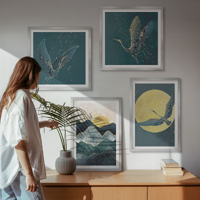 Wanddeko-set Vögel, Kraniche, Mond, Berge