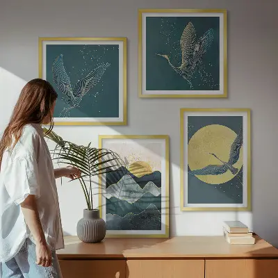 Wanddeko-Set mit Vögeln, Kranichen, Mond und Bergen