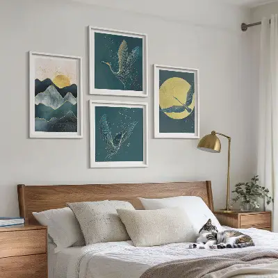 Wanddeko-Set mit Vögeln, Kranichen, Mond und Bergen