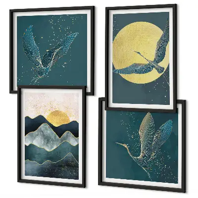 Wanddeko-Set mit Vögeln, Kranichen, Mond und Bergen