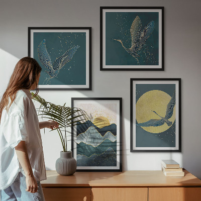 Wanddeko-set Vögel, Kraniche, Mond, Berge
