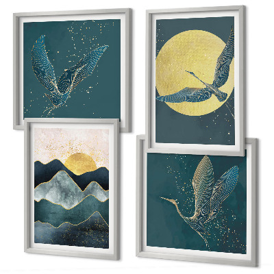 Wanddeko-set Vögel, Kraniche, Mond, Berge