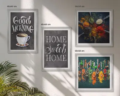 Wanddeko-Set mit Gewürzen, Kaffee, Tasse und Kräutern
