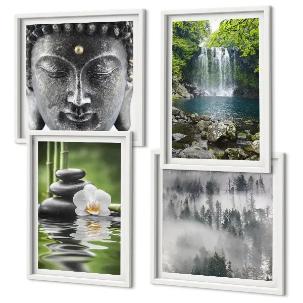 Polyptychon Harmonie der Natur mit Rahmen mit Steinen, Wasser und Buddha-Motiven
