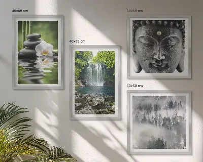 Polyptychon Harmonie der Natur mit Rahmen mit Steinen, Wasser und Buddha-Motiven