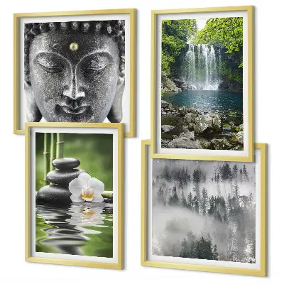 Polyptychon Harmonie der Natur mit Rahmen mit Steinen, Wasser und Buddha-Motiven