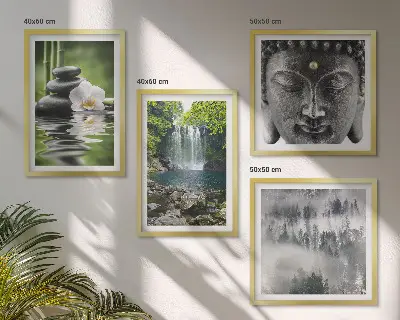Polyptychon Harmonie der Natur mit Rahmen mit Steinen, Wasser und Buddha-Motiven