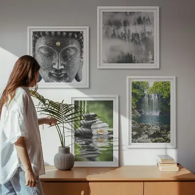 Polyptychon Harmonie der Natur mit Rahmen mit Steinen, Wasser und Buddha-Motiven