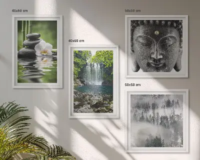 Polyptychon Harmonie der Natur mit Rahmen mit Steinen, Wasser und Buddha-Motiven