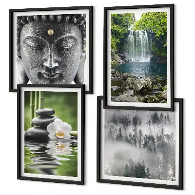 Polyptychon Harmonie der Natur mit Rahmen mit Steinen, Wasser und Buddha-Motiven