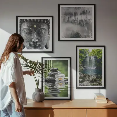 Polyptychon Harmonie der Natur mit Rahmen mit Steinen, Wasser und Buddha-Motiven