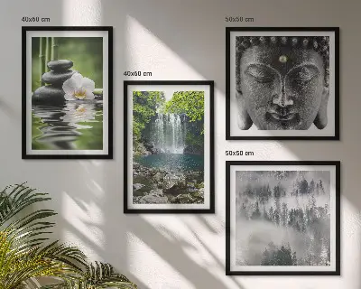 Polyptychon Harmonie der Natur mit Rahmen mit Steinen, Wasser und Buddha-Motiven