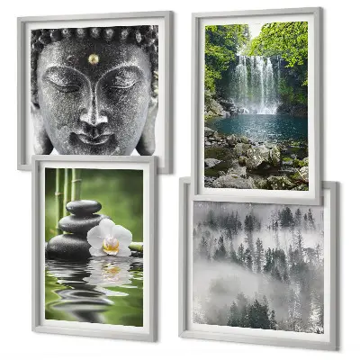 Polyptychon Harmonie der Natur mit Rahmen mit Steinen, Wasser und Buddha-Motiven
