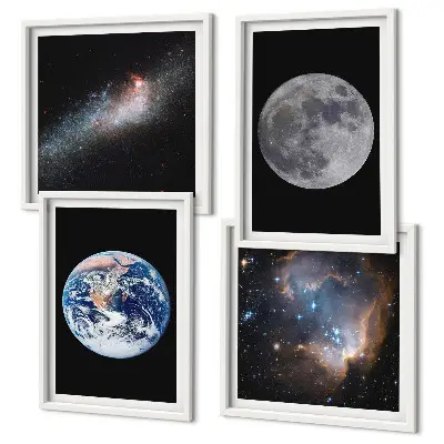 Wandbild Galaxie Weltraum Mond als mehrteiliges Polyptychon mit Rahmen
