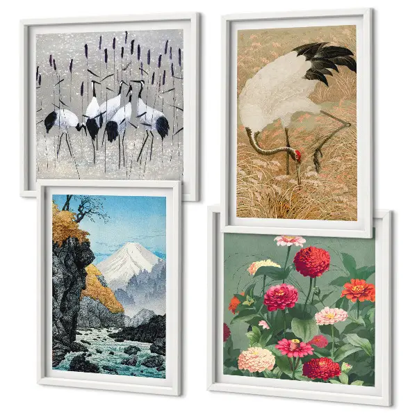 Berge, Fluss, Blumen und Kraniche Polyptychon mit Rahmen