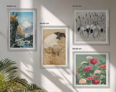 Berge, Fluss, Blumen und Kraniche Polyptychon mit Rahmen