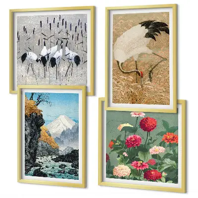 Berge, Fluss, Blumen und Kraniche Polyptychon mit Rahmen