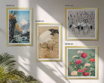 Berge, Fluss, Blumen und Kraniche Polyptychon mit Rahmen