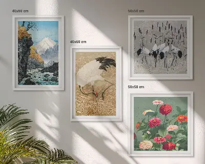 Berge, Fluss, Blumen und Kraniche Polyptychon mit Rahmen