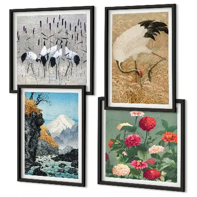 Berge, Fluss, Blumen und Kraniche Polyptychon mit Rahmen