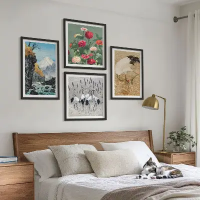 Berge, Fluss, Blumen und Kraniche Polyptychon mit Rahmen