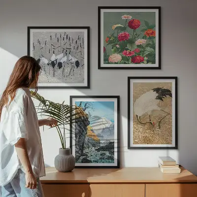 Berge, Fluss, Blumen und Kraniche Polyptychon mit Rahmen