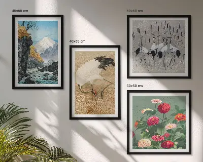 Berge, Fluss, Blumen und Kraniche Polyptychon mit Rahmen