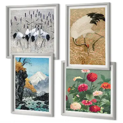 Berge, Fluss, Blumen und Kraniche Polyptychon mit Rahmen