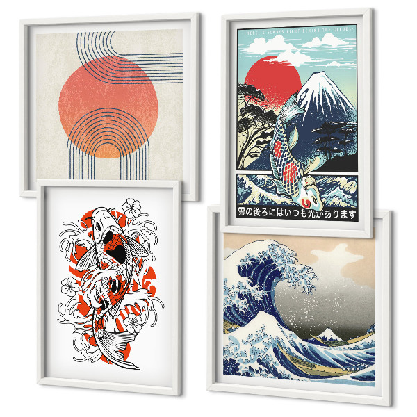 Polyptychon mit rahmen Illustrationen von Fischbergen, die sich in Japan ausbreiten