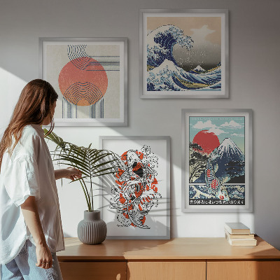 Polyptychon mit rahmen Illustrationen von Fischbergen, die sich in Japan ausbreiten