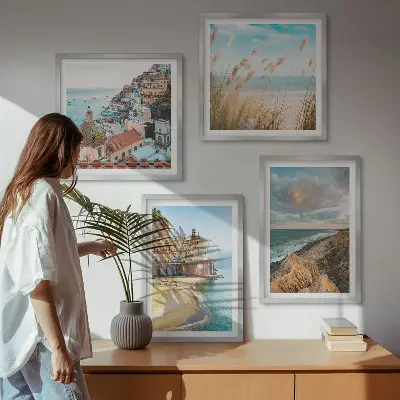 Polyptychon mit Rahmen: Landschaften mit Strand, Stadt und Klippen mehrteiliges Wandbild mit Rahmen