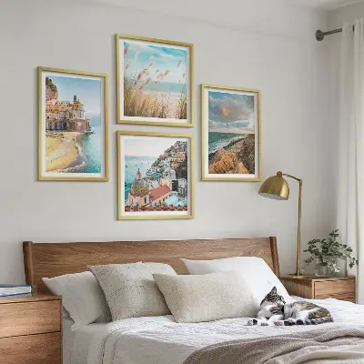 Polyptychon mit Rahmen: Landschaften mit Strand, Stadt und Klippen mehrteiliges Wandbild mit Rahmen