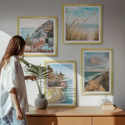 Polyptychon mit Rahmen: Landschaften mit Strand, Stadt und Klippen mehrteiliges Wandbild mit Rahmen