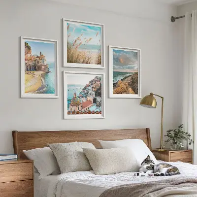 Polyptychon mit Rahmen: Landschaften mit Strand, Stadt und Klippen mehrteiliges Wandbild mit Rahmen