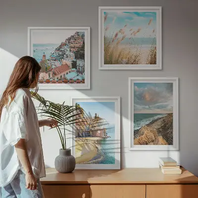 Polyptychon mit Rahmen: Landschaften mit Strand, Stadt und Klippen mehrteiliges Wandbild mit Rahmen