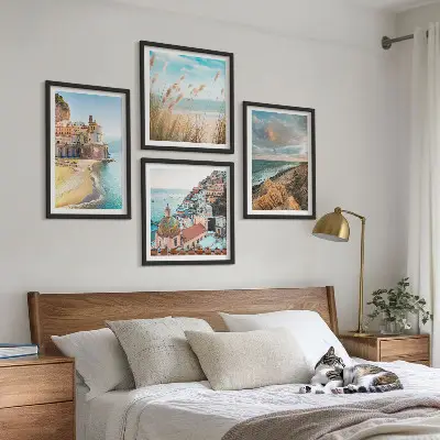 Polyptychon mit Rahmen: Landschaften mit Strand, Stadt und Klippen mehrteiliges Wandbild mit Rahmen