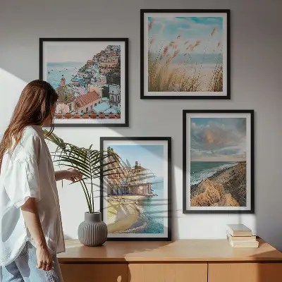 Polyptychon mit Rahmen: Landschaften mit Strand, Stadt und Klippen mehrteiliges Wandbild mit Rahmen