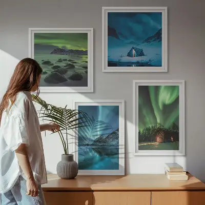 Wanddeko-Set mit Motiven von Winterlandschaften, Nordlichtern und Bergen