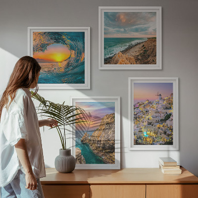 Polyptychon mit rahmen Meereswellen, weiße Häuser, Santorini