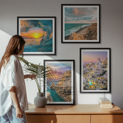 Polyptychon mit rahmen Meereswellen, weiße Häuser, Santorini