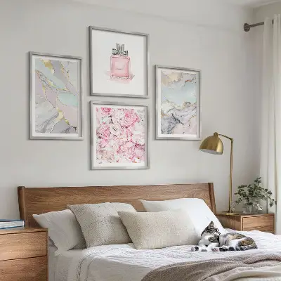 Rosa Blumen Marmor Pastell als gerahmtes Polyptychon