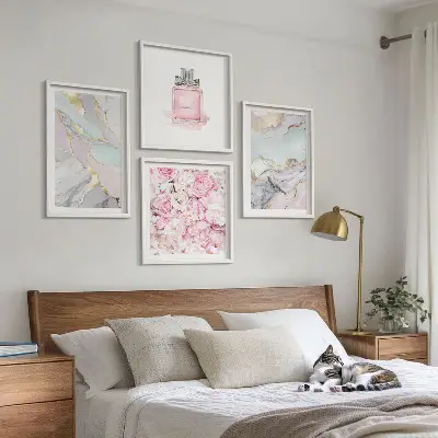 Rosa Blumen Marmor Pastell als gerahmtes Polyptychon