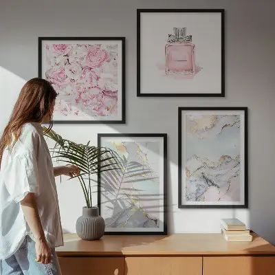 Rosa Blumen Marmor Pastell als gerahmtes Polyptychon