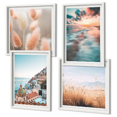 Polyptychon mit rahmen Sonnenuntergang am Meer, Häuser, Blumen