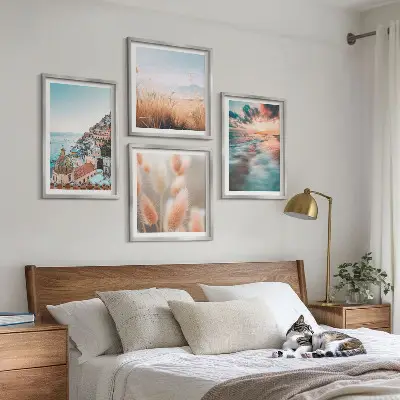 Polyptychon mit Rahmen Sonnenuntergang am Meer mit Häusern und Blumen